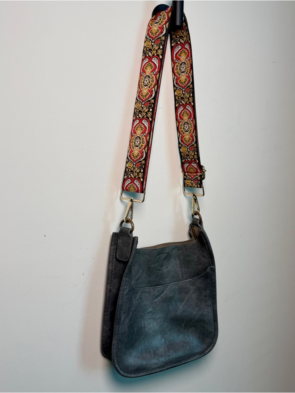 Ahdorned Mini Messenger Crossbody Slate Grey Vegan Leather + Boho Guitar Strap